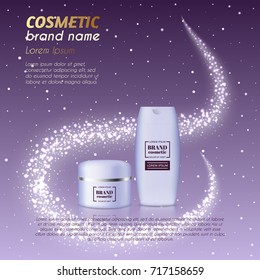 3D realistic cosmetic bottle ads template. Cosmetic brand advertising concept design with glittering dust background.