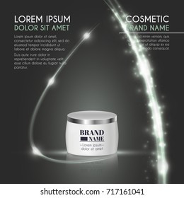 3D realistic cosmetic bottle ads template. Cosmetic brand advertising concept design with glowing sparkles and glitters abstract background.