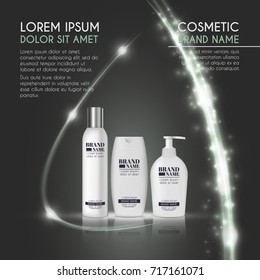 3D realistic cosmetic bottle ads template. Cosmetic brand advertising concept design with glowing sparkles and glitters abstract background.