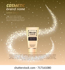 3D realistic cosmetic bottle ads template. Cosmetic brand advertising concept design with glittering dust background.