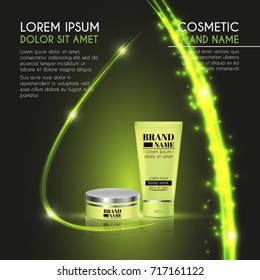 3D realistic cosmetic bottle ads template. Cosmetic brand advertising concept design with glowing sparkles and glitters abstract background.