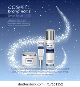 3D realistic cosmetic bottle ads template. Cosmetic brand advertising concept design with glittering dust background.