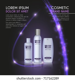 3D realistic cosmetic bottle ads template. Cosmetic brand advertising concept design with glowing sparkles and glitters abstract background.