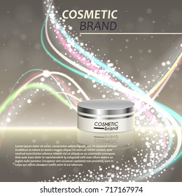 3D realistic cosmetic bottle ads template. Cosmetic brand advertising concept design with glitters and bokeh background.