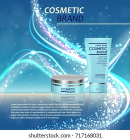 3D realistic cosmetic bottle ads template. Cosmetic brand advertising concept design with glitters and bokeh background.