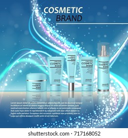 3D realistic cosmetic bottle ads template. Cosmetic brand advertising concept design with glitters and bokeh background.