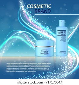 3D realistic cosmetic bottle ads template. Cosmetic brand advertising concept design with glitters and bokeh background.