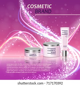 3D realistic cosmetic bottle ads template. Cosmetic brand advertising concept design with glitters and bokeh background.