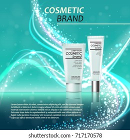 3D realistic cosmetic bottle ads template. Cosmetic brand advertising concept design with glitters and bokeh background.