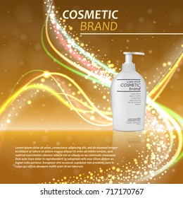 3D realistic cosmetic bottle ads template. Cosmetic brand advertising concept design with glitters and bokeh background.