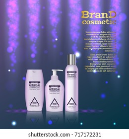 3D realistic cosmetic bottle ads template. Cosmetic brand advertising concept design with glitters and bokeh background.