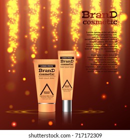 3D realistic cosmetic bottle ads template. Cosmetic brand advertising concept design with glitters and bokeh background.