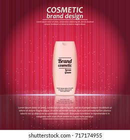 3D realistic cosmetic bottle ads template. Cosmetic brand advertising concept design with glowing sparkles on abstract texture background.