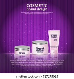 3D realistic cosmetic bottle ads template. Cosmetic brand advertising concept design with glowing sparkles on abstract texture background.