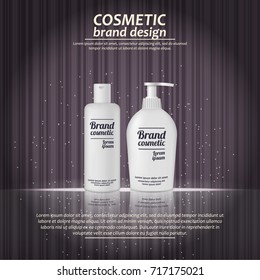 3D realistic cosmetic bottle ads template. Cosmetic brand advertising concept design with glowing sparkles on abstract texture background.