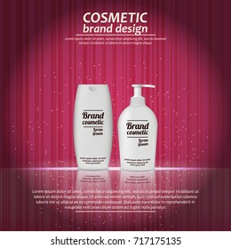 3D realistic cosmetic bottle ads template. Cosmetic brand advertising concept design with glowing sparkles on abstract texture background.