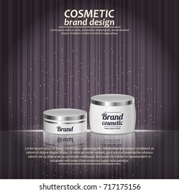 3D realistic cosmetic bottle ads template. Cosmetic brand advertising concept design with glowing sparkles on abstract texture background.