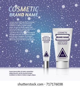 3D realistic cosmetic bottle ads template. Cosmetic brand advertising concept design on winter background with snowflakes.