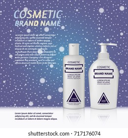 3D realistic cosmetic bottle ads template. Cosmetic brand advertising concept design on winter background with snowflakes.