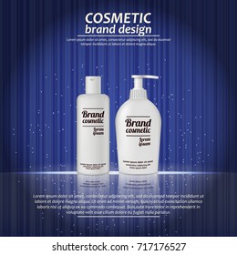 3D realistic cosmetic bottle ads template. Cosmetic brand advertising concept design with glowing sparkles on abstract texture background.