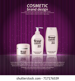 3D realistic cosmetic bottle ads template. Cosmetic brand advertising concept design with glowing sparkles on abstract texture background.