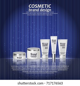 3D realistic cosmetic bottle ads template. Cosmetic brand advertising concept design with glowing sparkles on abstract texture background.