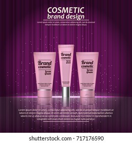3D realistic cosmetic bottle ads template. Cosmetic brand advertising concept design with glowing sparkles on abstract texture background.