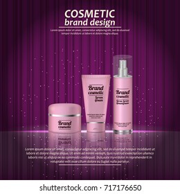 3D realistic cosmetic bottle ads template. Cosmetic brand advertising concept design with glowing sparkles on abstract texture background.