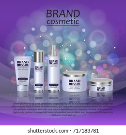 3D realistic cosmetic bottle ads template. Cosmetic brand advertising concept design with glitters and bokeh background.