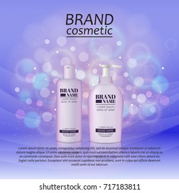 3D realistic cosmetic bottle ads template. Cosmetic brand advertising concept design with glitters and bokeh background.