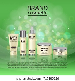3D realistic cosmetic bottle ads template. Cosmetic brand advertising concept design with glitters and bokeh background.