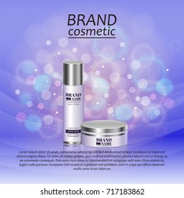 3D realistic cosmetic bottle ads template. Cosmetic brand advertising concept design with glitters and bokeh background.
