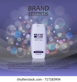 3D realistic cosmetic bottle ads template. Cosmetic brand advertising concept design with glitters and bokeh background.