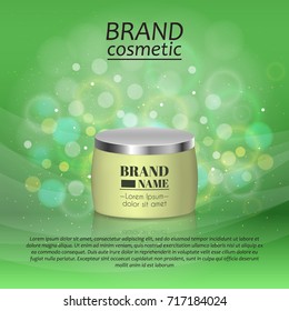 3D realistic cosmetic bottle ads template. Cosmetic brand advertising concept design with glitters and bokeh background.