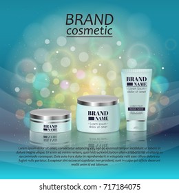 3D realistic cosmetic bottle ads template. Cosmetic brand advertising concept design with glitters and bokeh background.