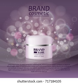 3D realistic cosmetic bottle ads template. Cosmetic brand advertising concept design with glitters and bokeh background.