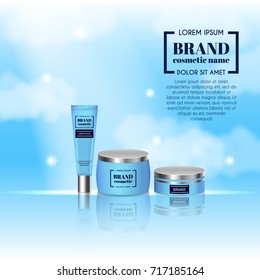 3D realistic cosmetic bottle ads template. Cosmetic brand advertising concept design on sky background with clouds.