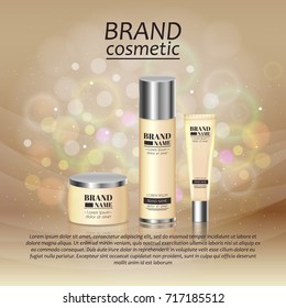 3D realistic cosmetic bottle ads template. Cosmetic brand advertising concept design with glitters and bokeh background.