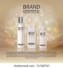 3D realistic cosmetic bottle ads template. Cosmetic brand advertising concept design with glitters and bokeh background.