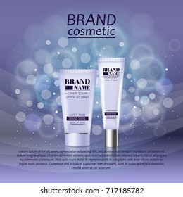 3D realistic cosmetic bottle ads template. Cosmetic brand advertising concept design with glitters and bokeh background.