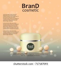 3D realistic cosmetic bottle ads template. Cosmetic brand advertising concept design on glowing background with pearls and sparkles.