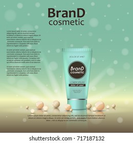 3D realistic cosmetic bottle ads template. Cosmetic brand advertising concept design on glowing background with pearls and sparkles.