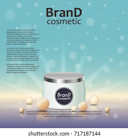 3D realistic cosmetic bottle ads template. Cosmetic brand advertising concept design on glowing background with pearls and sparkles.