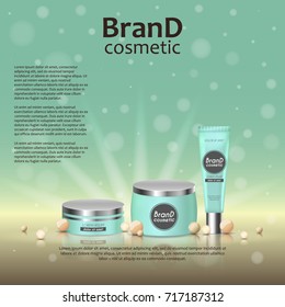 3D realistic cosmetic bottle ads template. Cosmetic brand advertising concept design on glowing background with pearls and sparkles.