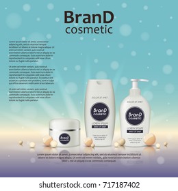 3D realistic cosmetic bottle ads template. Cosmetic brand advertising concept design on glowing background with pearls and sparkles.