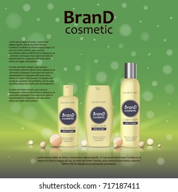 3D realistic cosmetic bottle ads template. Cosmetic brand advertising concept design on glowing background with pearls and sparkles.