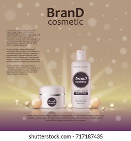 3D realistic cosmetic bottle ads template. Cosmetic brand advertising concept design on glowing background with pearls and sparkles.