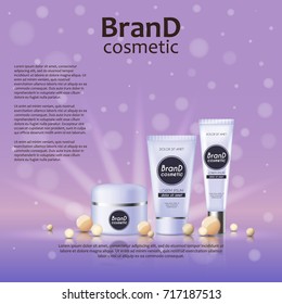 3D realistic cosmetic bottle ads template. Cosmetic brand advertising concept design on glowing background with pearls and sparkles.