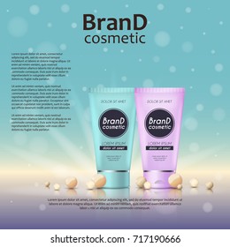 3D realistic cosmetic bottle ads template. Cosmetic brand advertising concept design on glowing background with pearls and sparkles.