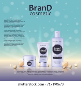 3D realistic cosmetic bottle ads template. Cosmetic brand advertising concept design on glowing background with pearls and sparkles.